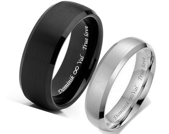 Engraved Tungsten Couple Ring Set Custom Rings Silver Black