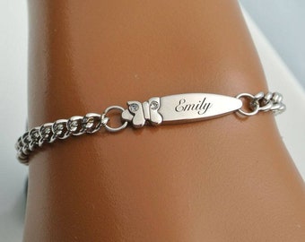 Personalized Bracelet, Silver Butterfly Bracelet, Custom Engraved Bracelet, Silver Bracelet, Ladies ID Bracelet, Bridesmaid's Gifts