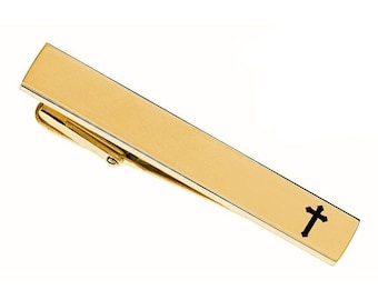 Engraved Gold Cross Tie Clip - Personalized Gold Tie Clip - Religious Gifts - Custom Engraved Tie Clip - Buy 6 Get 7th Free