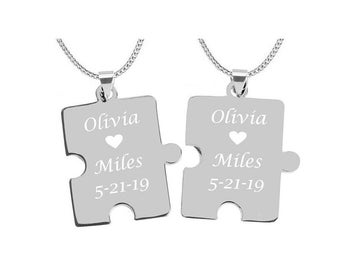 Puzzle Piece Necklaces, His And Hers Necklaces, Couples Jewelry, Silver Puzzle Piece Necklace Set Engraved Free, BFF Necklaces, Best Friends