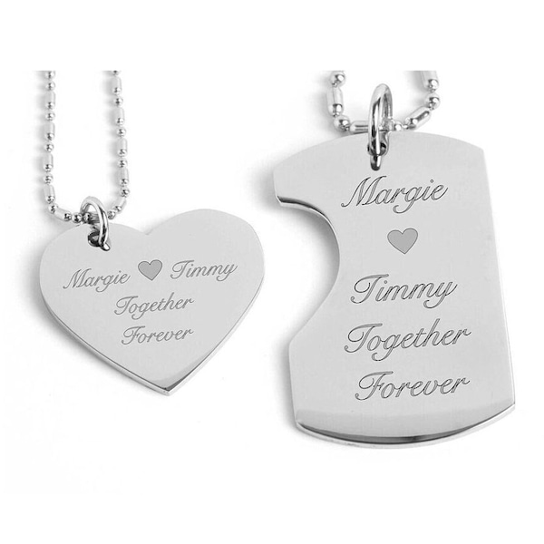 Mini Silver Dog Tag & Heart Necklace Set, Personalized Necklace, Engraved Necklace, Couples Necklace, His And Hers Necklace, Valentines Gift