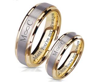 Brushed Silver & Gold Ring Set Engraved Rings His and Hers Promise Ring Personalized Wedding Band Two Tone Ring Couple Ring Set Comfort Fit