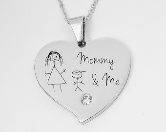 Custom Stainless Steel Heart Necklace, Kids Handwriting/Drawing Engraved Charm