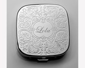 Personalized Pill Box, Engraved Pill Case, Monogrammed Pocket Pill Holder, Mirror Silver Plated Paisley Cover with 3 Compartment Engraved