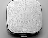 Personalized Pill Box, Engraved Pill Case, Monogrammed Pocket Pill Holder, Mirror Silver Plated Paisley Cover with 3 Compartment Engraved