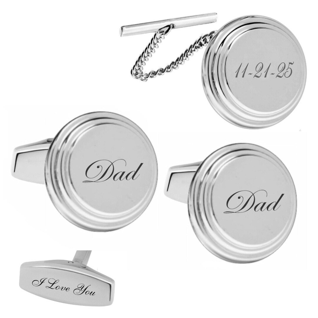Personalized Silver Cufflinks Tie Pin Set, Engraved Wedding Groomsman ...