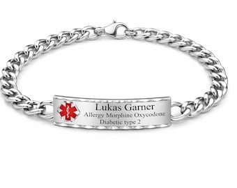 Personalized Silver Medical Alert Bracelet, Brushed Stainless Steel Medic ID