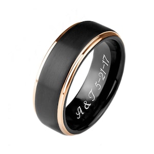 Personalized Black Matte & Gold Stepped Edge Ring, Custom Engraved Rings, Promise Rings, Wedding Bands, Two Tone Ring, Engraved Bands