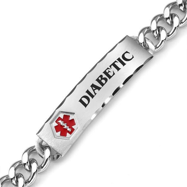 Personalized Medical Bracelet Medic ID Tag Silver Brushed Medical Alert ID Bracelet Custom Engraved Free Diabetes Awareness Medical Jewelry