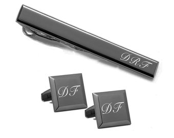 Personalized Cufflinks, Engraved Tie Bar, Gunmetal Cuff Links & Tie Clip Set, Groomsman Gifts, Father's Day Gift, Buy 6 Get 7th Free