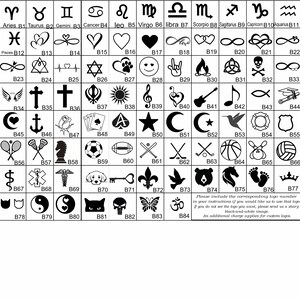 May include: A collection of various symbols and logos, including zodiac signs, hearts, crosses, musical notes, and sports-related icons. The image also includes text instructions for custom logo requests.
