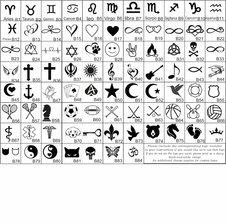 May include: A collection of various symbols and logos, including zodiac signs, hearts, crosses, musical notes, and sports-related icons. The image also includes text instructions for custom logo requests.