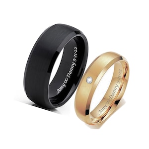 Engraved Tungsten Ring Set Black & Gold CZ Couple Ring Set Promise Ring Personalized Wedding Band Set His and Hers Rings Free Engraving