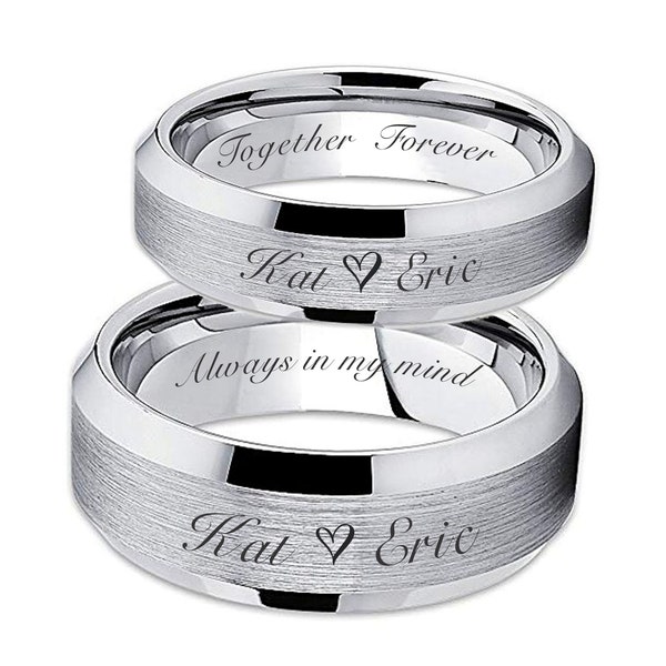 Engraved Two Tone Silver Tungsten Ring Set Personalized Ring Set Tungsten Comfort Fit Ring Custom Promise Ring Wedding Band His and Hers Set