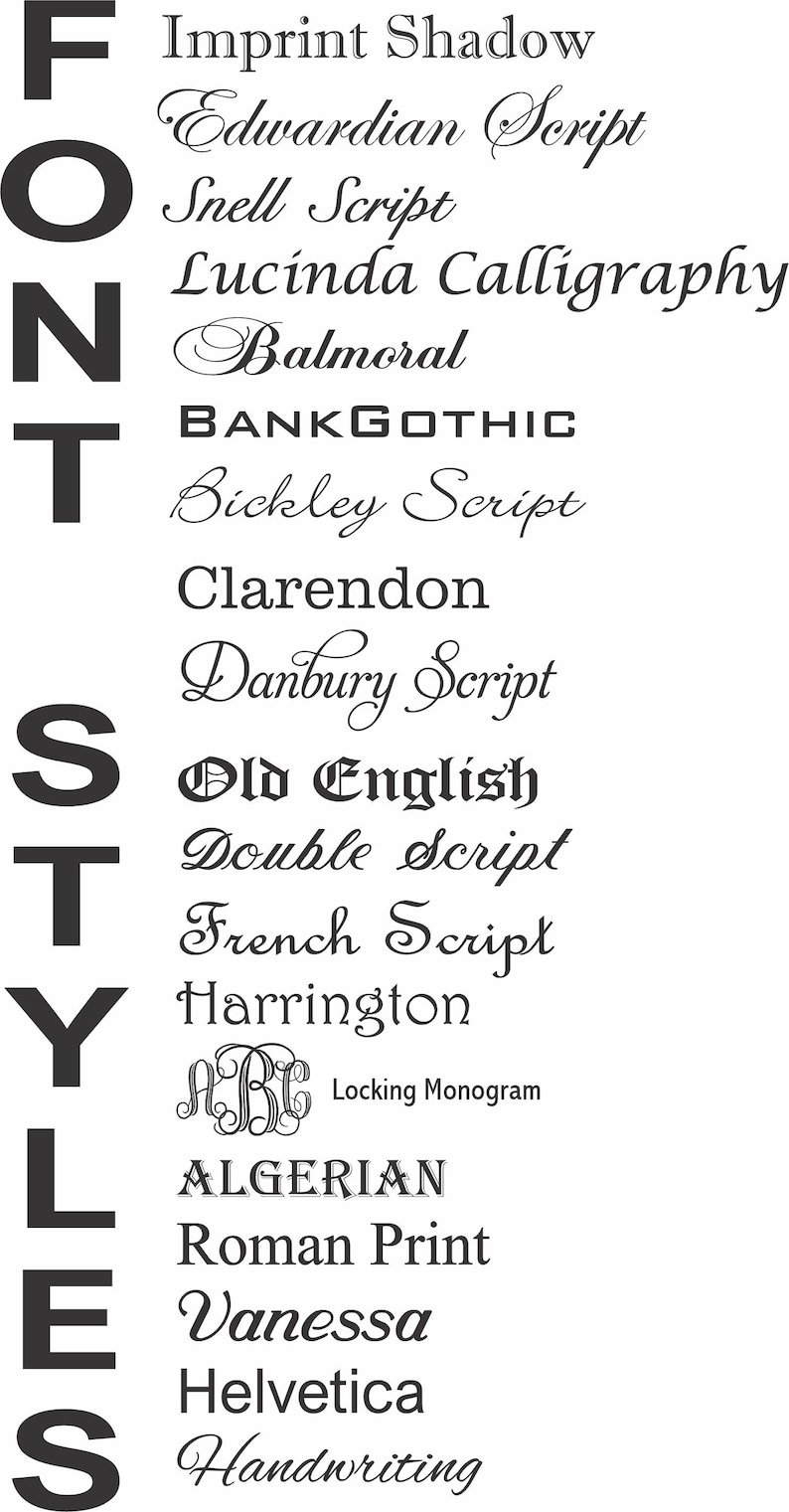 Puede incluir: Una imagen en blanco y negro que muestra varios estilos de fuente. La palabra "FONT STYLES" est&aacute; apilada verticalmente a la izquierda. La imagen muestra una variedad de fuentes, incluyendo "Edwardian Script", "Old English" y "Helvetica".