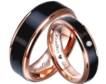 Engraved Rings Black & Rose Gold Tungsten Ring Set Couple Ring Set Promise Ring Personalized Ring Wedding Band His and Hers Ring Comfort Fit