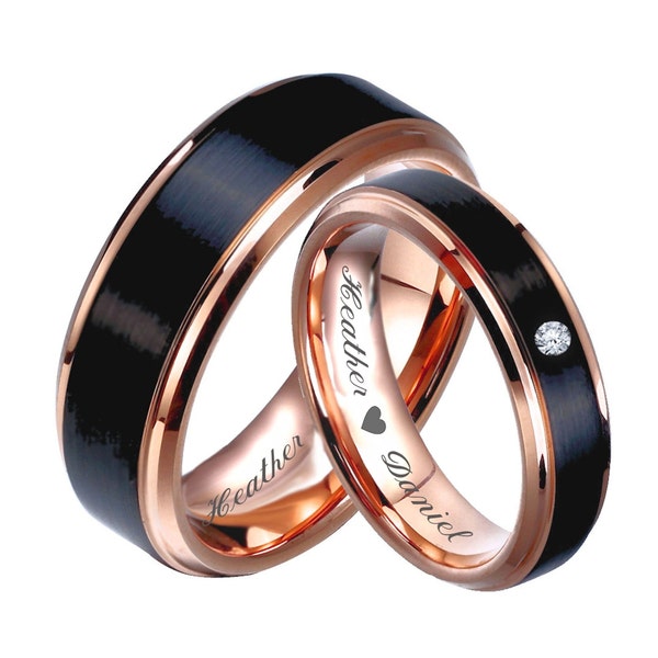 Engraved Rings Black & Rose Gold Tungsten Ring Set Couple Ring Set Promise Ring Personalized Ring Wedding Band His and Hers Ring Comfort Fit