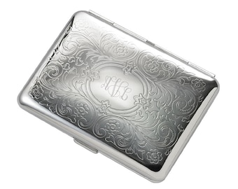Custom Engraved Cigarette Case, Flip Open Double Sided Silver Paisley Cigarette Case, Engraved Cigarette Holder, Personalized Cigarette Case