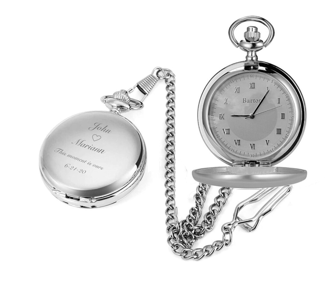 Engraved Pocket Watch, Roman Numeral Personalized Pocket Watch, Silver