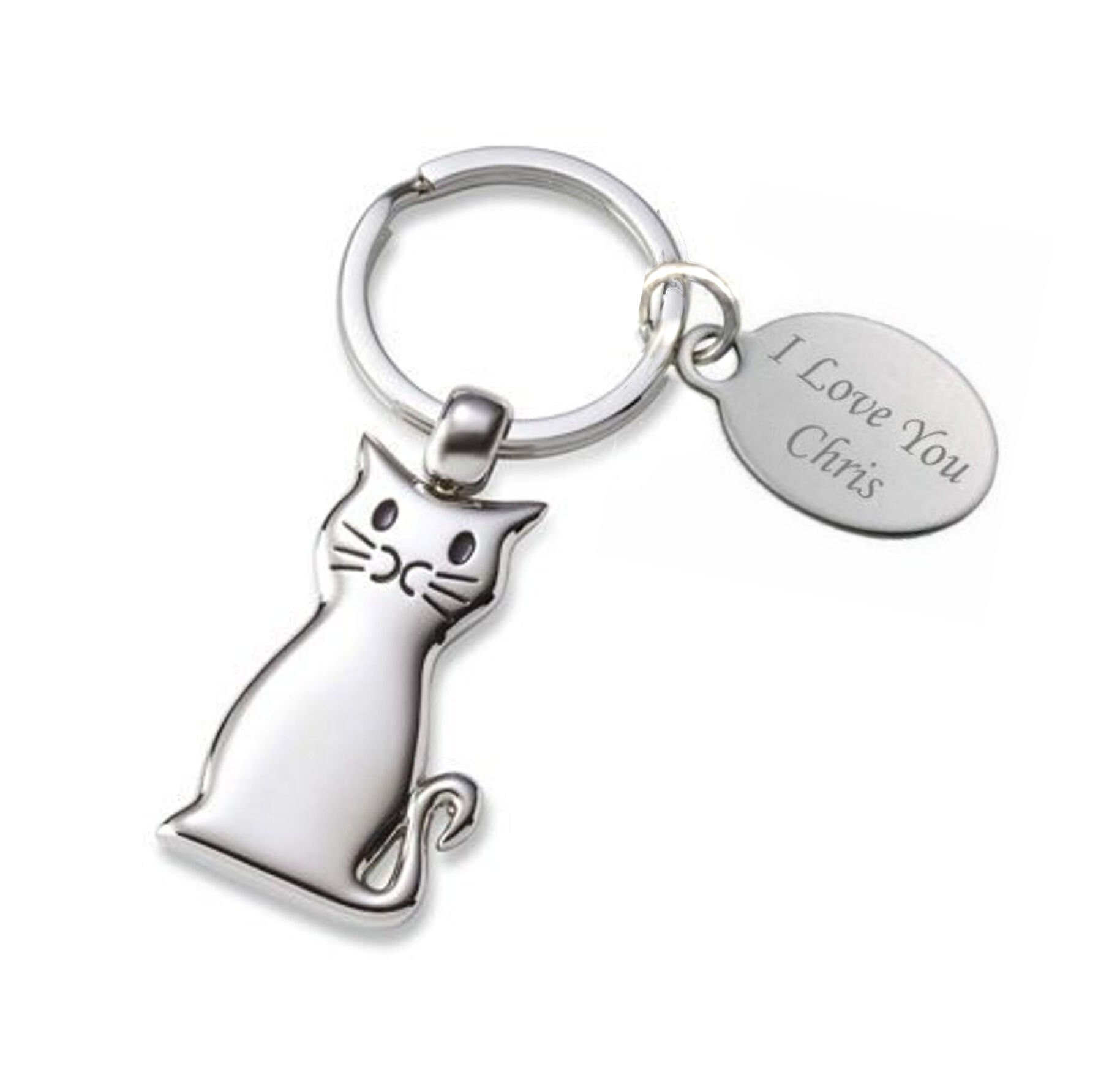 Personalized Silver Cat Keychain, Engraved Pet Key Ring - Etsy