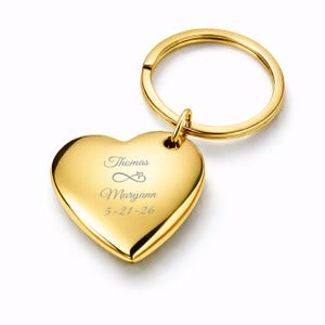 Gold Heart Keychain, Personalized Engraved Keyring, Valentine's Gift