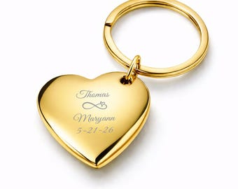 Gold Heart Keychain, Personalized Engraved Keyring, Valentine's Gift