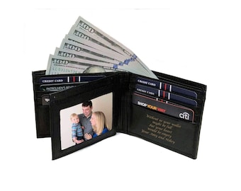 Personalized Black Leather Men's Bi fold Wallet, Groomsmen Gift, Monogrammed Wallet, Gift for Dads, Custom Engraved Men's Wallet
