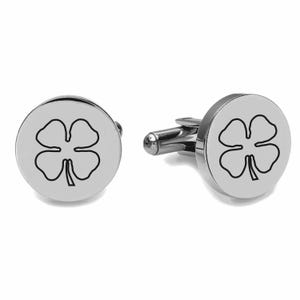 Engraved Silver Circle Four Leaf Clover Cufflinks Luck Of The Irish Shamrock Lucky Charm Cuff Link Fighting Irish Gift - Buy 6 Get 7th Free