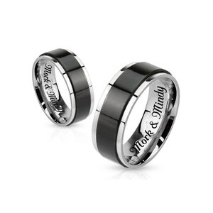 Spinner Ring Set Black & Silver Two Tone Rings Engraved Ring Personalized Ring Couple Ring Set Custom Promise Rings His and Hers Ring Set