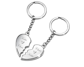Engraved Silver Broken Heart Keychain Set, Couples Keychain