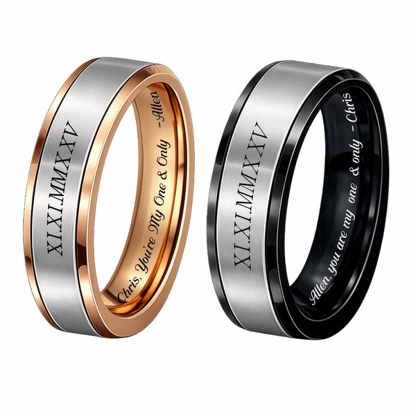 Personalized Ring Set, Black & Rose Gold Stainless Steel, Custom Engraved