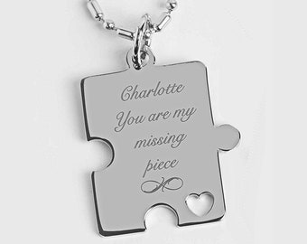 Engraved Puzzle Piece Necklace Silver Puzzle Piece Pendant Best Friend Puzzle Necklace Personalized Necklace Friendship Valentine's Day Gift