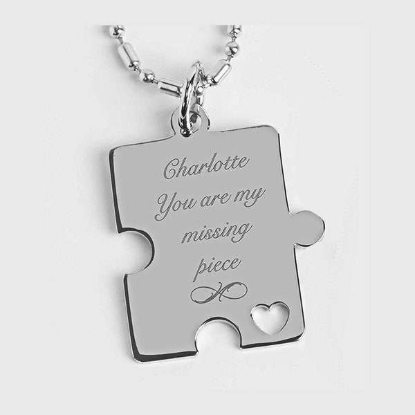 Engraved Puzzle Piece Necklace Silver Puzzle Piece Pendant Best Friend Puzzle Necklace Personalized Necklace Friendship Valentine's Day Gift
