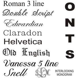 Puede incluir: Una lista de diferentes estilos de fuente, incluyendo Bradley, Lucinda Calligraphy, Roman 3 line, Double Script, Edwardian, Claradon, Helvetica, Old English, Vanessa 5 line y Snell. La palabra "FONTS" est&aacute; escrita en letras grandes y negritas a la derecha de la lista.