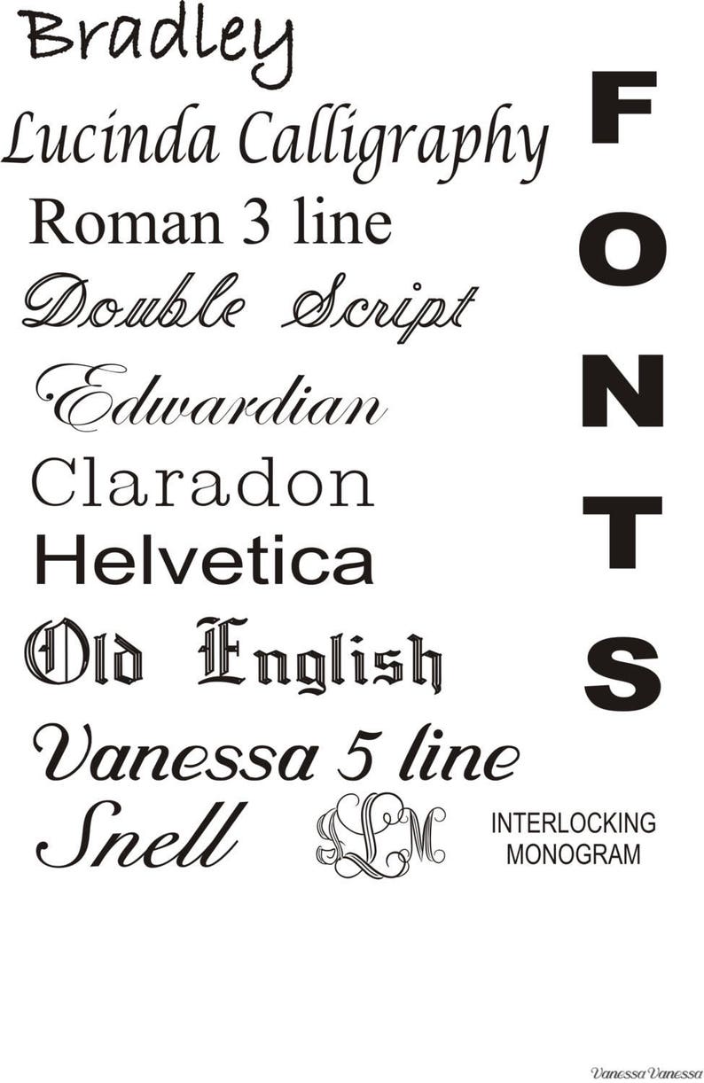 Puede incluir: Una lista de diferentes estilos de fuente, incluyendo Bradley, Lucinda Calligraphy, Roman 3 line, Double Script, Edwardian, Claradon, Helvetica, Old English, Vanessa 5 line y Snell. La palabra "FONTS" est&aacute; escrita en letras grandes y negritas a la derecha de la lista.