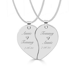 Personalized Silver Broken Heart, Custom Engraved Split Heart Necklace, Couple&#39;s Necklace Set, His & Hers Necklace Set, Valentine&#39;s Day Gift