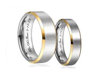 Engraved Ring Set Two Tone Silver & Gold Rings Personalized Promise Rings Custom Couple Ring Set Wedding Band His and Hers Set Comfort Fit