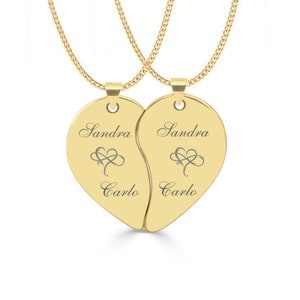 Personalized Broken Heart, Couples Jewelry, Gold Split Broken Tear Drop Heart Necklace Engraved Free, His And Hers Necklace, Split Heart