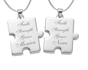 Silver Mini Puzzle Piece Necklace Set, Personalized Small Pendant, Custom Engraved Charm,