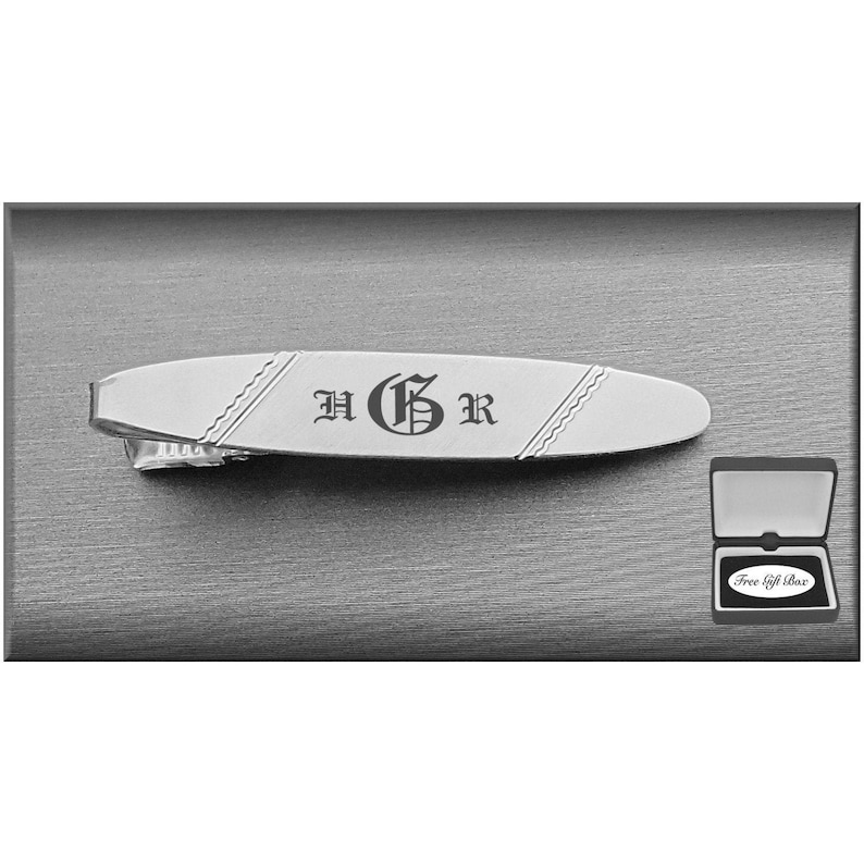 MONOGRAMMED SILVER OVAL ORNAMENTAL TIE CLIP INITIALS CUSTOM ENGRAVED CLASP BAR