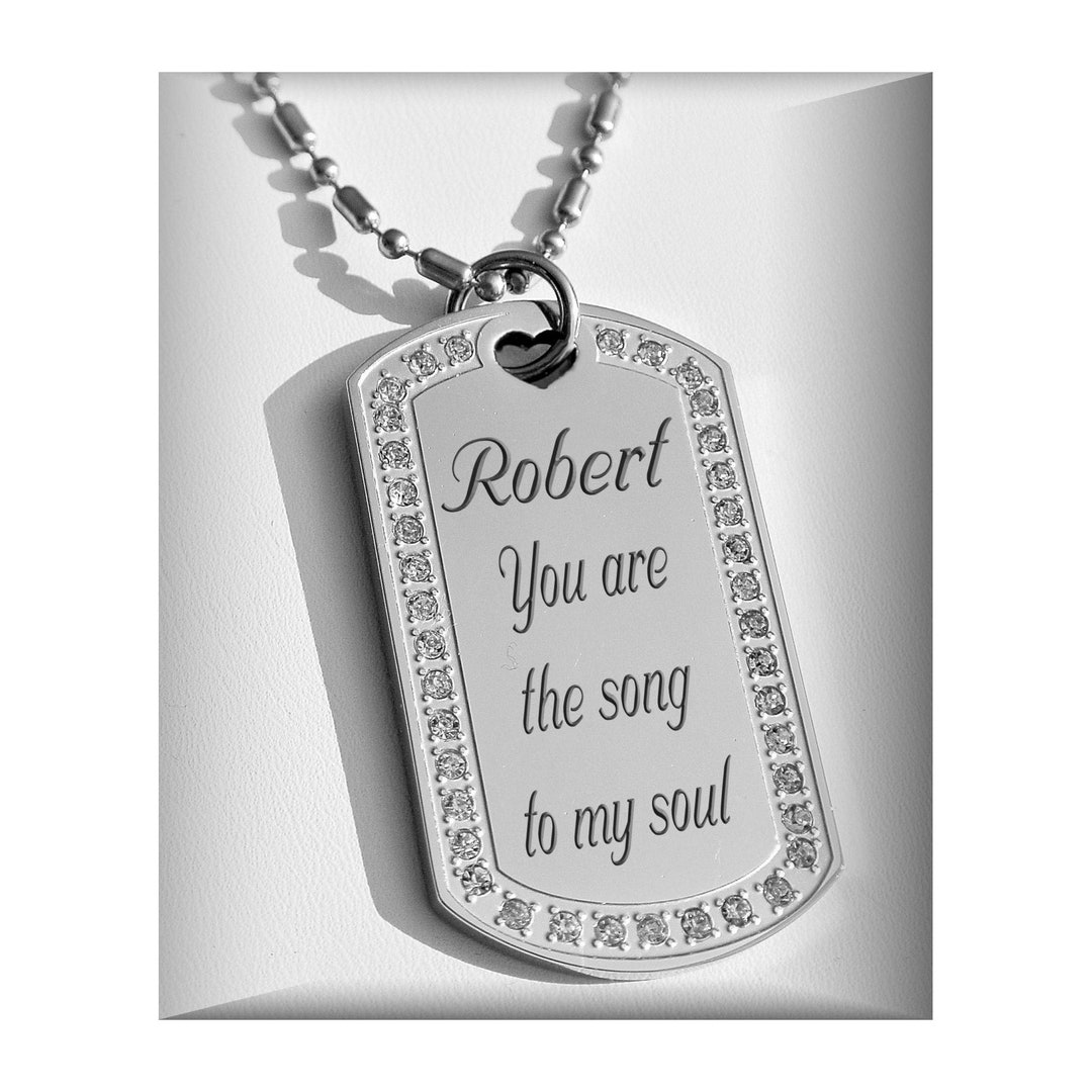 Silver Rhinestone Dog Tag Necklace, Engraved Necklace, Custom Dog Tag