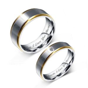 Personalized Rings Two Tone Silver & Gold Ring Set Engraved Promise Rings Couple's Ring Set Wedding Band Set His and Hers Set Comfort Fit