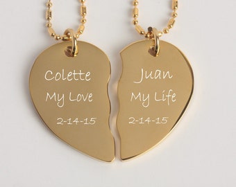 Personalized Gold Broken Heart, Best Friends Necklace, Couples Necklace Set, Engraved Necklaces, Personalized Necklace, Split Heart Necklace