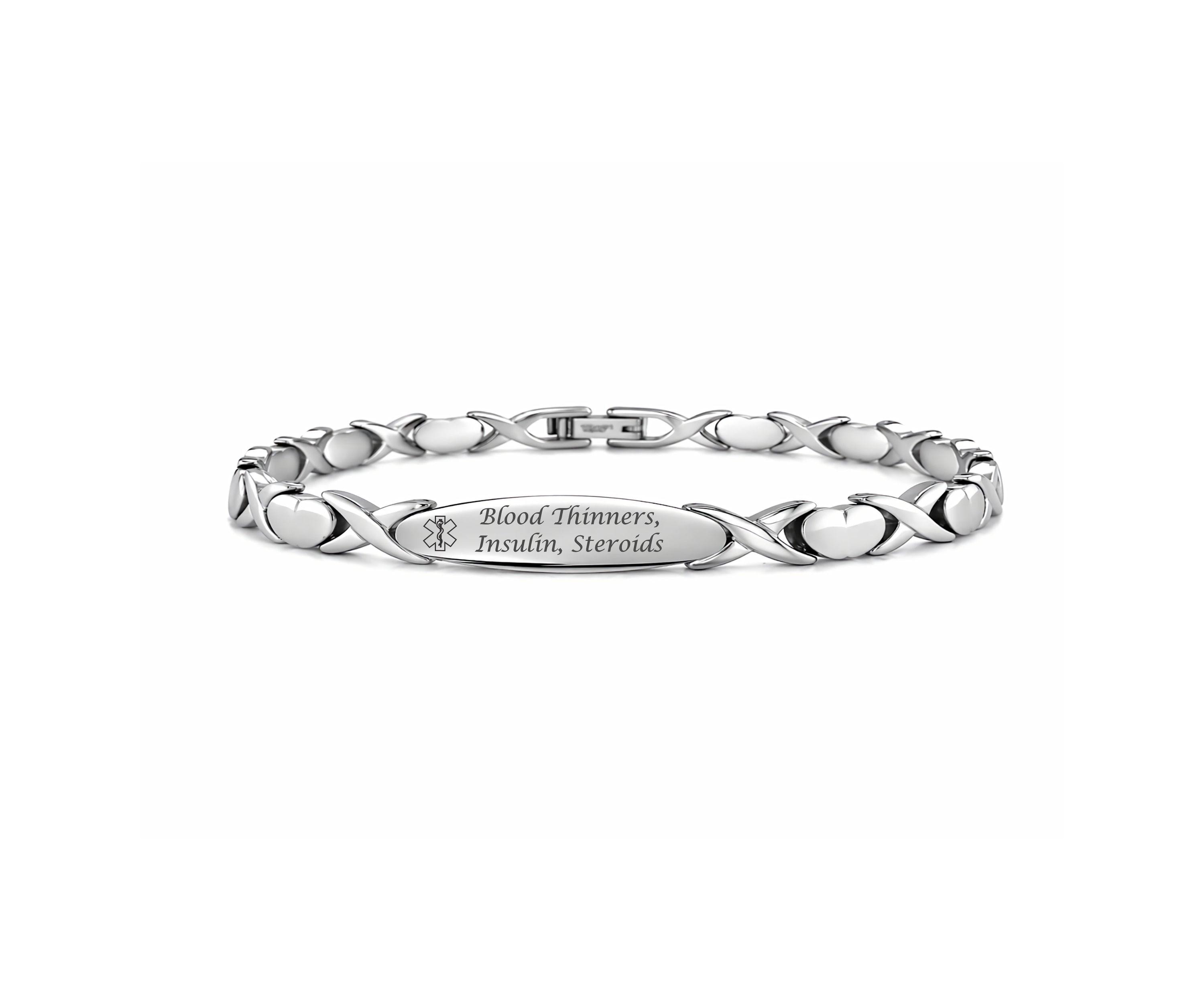 Engraved Silver Stainless Steel Medical ID Bracelet, XOXO Heart Link