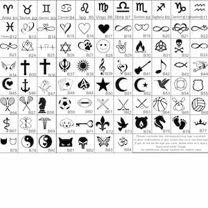 May include: A collection of various symbols and logos, including zodiac signs, hearts, crosses, musical notes, and sports-related icons. The image also includes text instructions for custom logo requests.