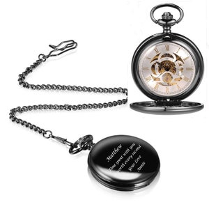 Engraved Pocket Watch, Skeleton Mechanical Hand-Wind Pocket Watch, Personalized Gunmetal Black Pocket Watch, Groomsman Gift