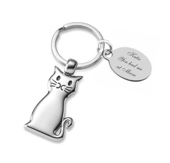 Llavero de gato de plata personalizada, llavero del gato grabado a medida,  anillo de la llave