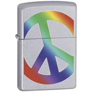May include: Silver-colored lighter with a rainbow peace sign design. The peace symbol is rendered in a gradient of colors, including red, orange, yellow, green, blue, and purple. The lighter has a textured, metallic finish.