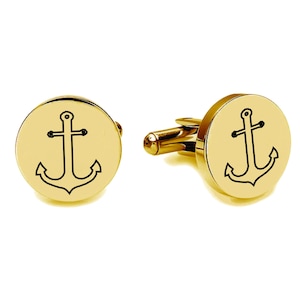 Engraved Gold Circle Anchor Cufflinks - Nautical Cufflinks - Personalized Cufflinks - Groomsman Gift - Anchor Cuff Link - Buy 6 Get 7th Free