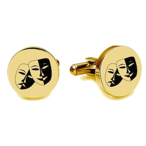 Engraved Comedy & Tragedy Masks Cufflinks Gold Cuff Links Gift For Drama Club Actors Stage Screen Thespian Musicals